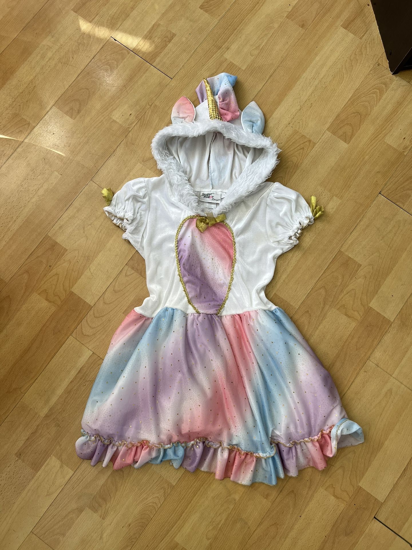 Magical Girls Unicorn Dress attached Hoodie w Ears and Sequins Horn and Attached Tail Size LARGE