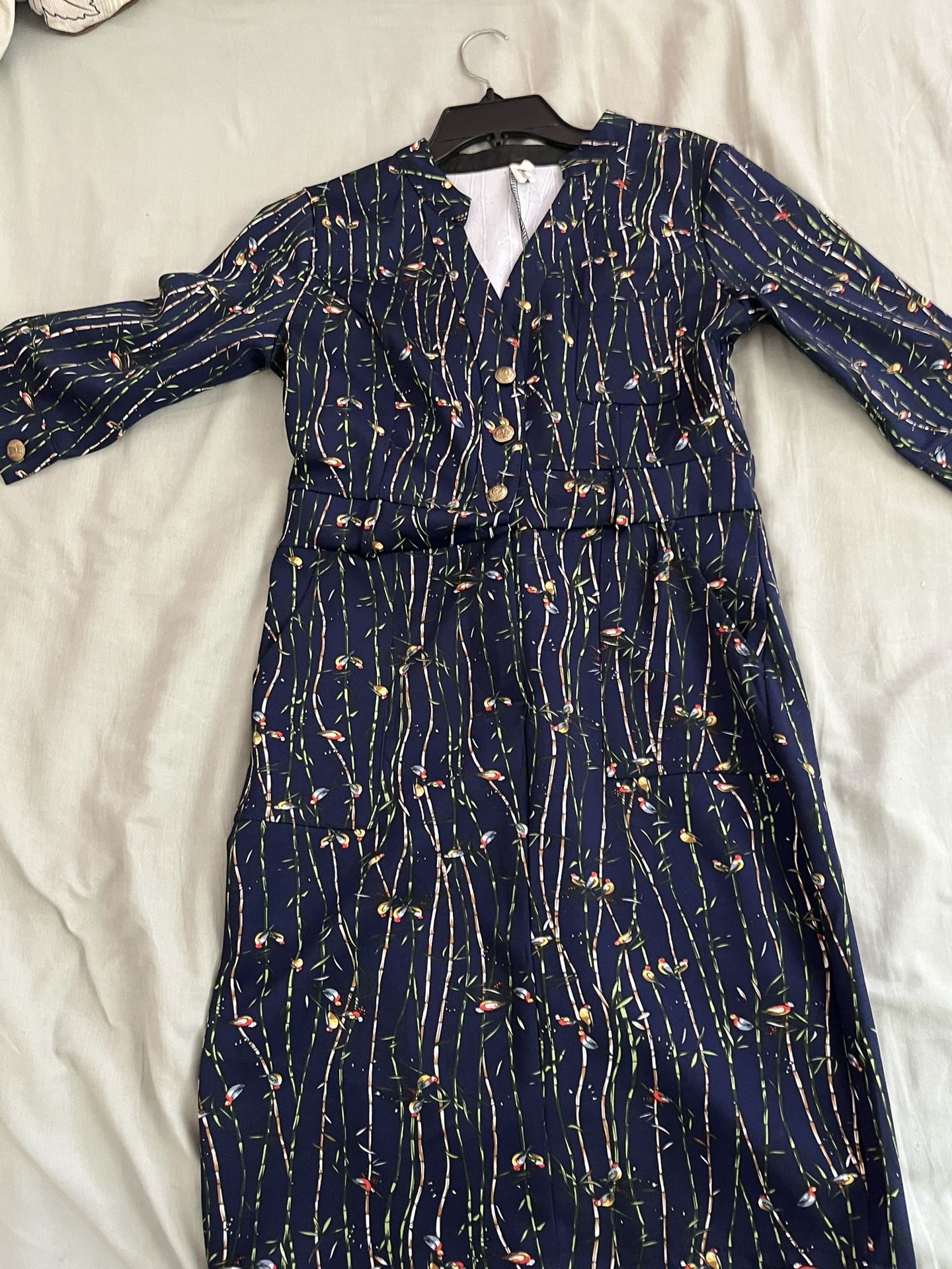 Unique Navy Long-Sleeve Dress – Artistic Pattern – Size S