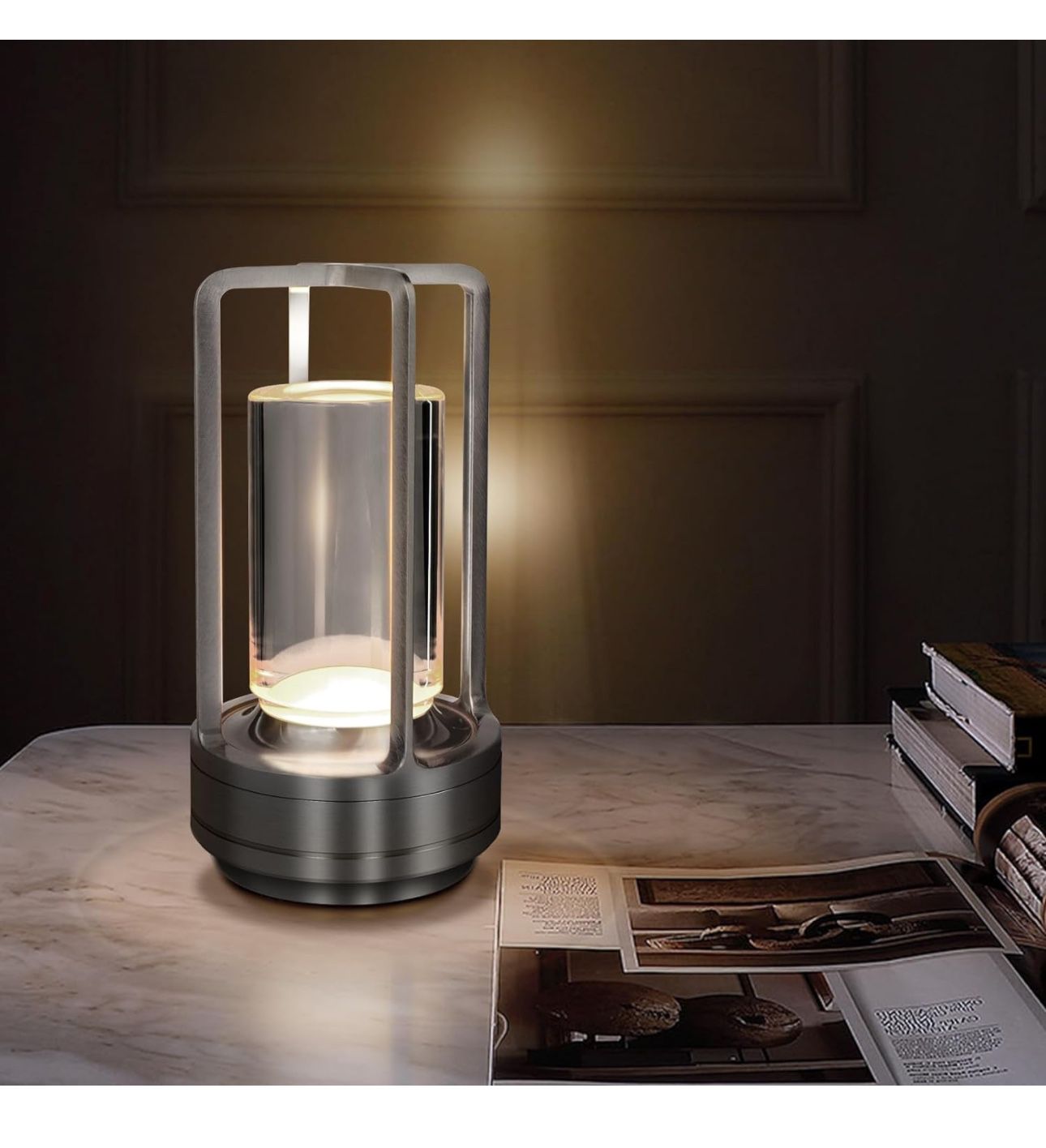 Cordless Table Lamp, Lumisom Crystal Lantern Lamp, Klarako Crystal Lantern, Rechargeable Battery Powered Portable LED Desk Lamp, 3 Color Stepless Dimm