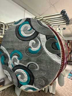 Round Area Rug Gray Teal Swirl Pattern