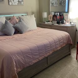 King size bedroom set two nightstands headboard, footboard with LED lights and dresser mirror