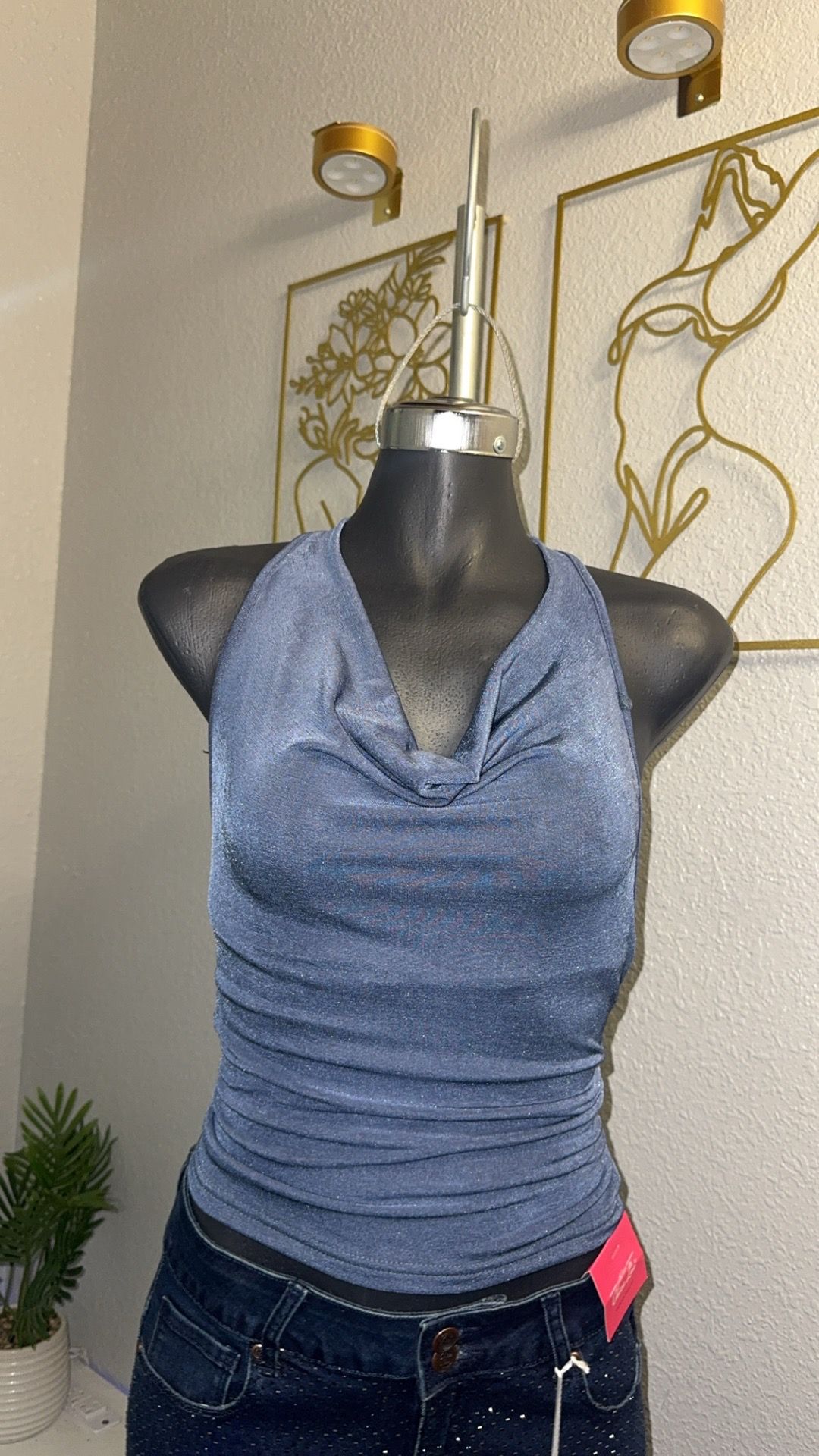 Blue Cowl Neck Halter Top