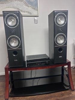 Wooden 3 tier tv stand, Yamaha RX-V373 receiver, & 2 Digital audio speakers