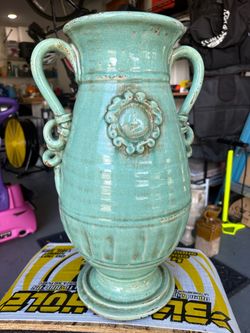 Large Seafoam Green Ceramic Urn Vase - Distressed Tuscan Style Handles