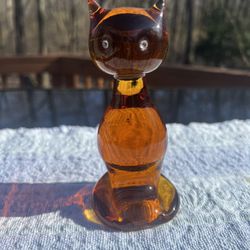 Mid Century Modern Art Glass Cat With Jeweled Eyes.