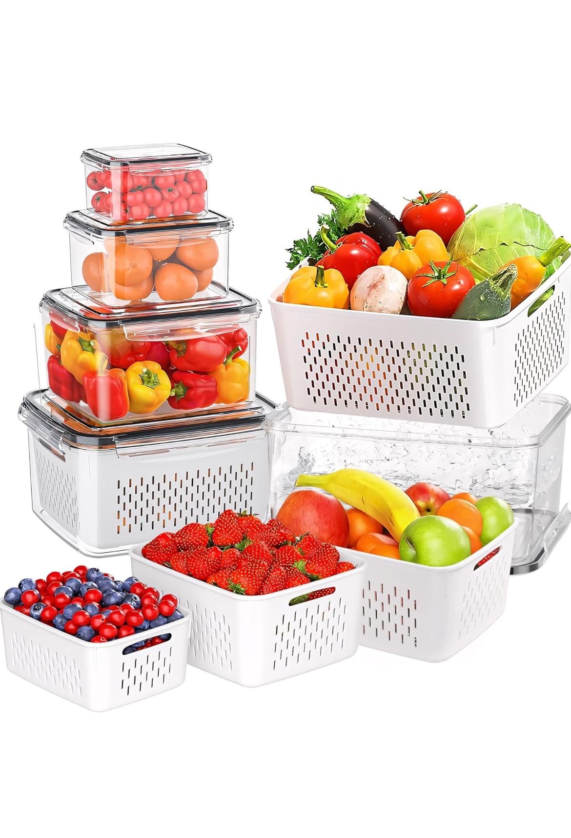 5 PCS Fruit Containers for Fridge, Food Storage Containers with Removable Colander, Dishwasher & Microwave Safe Produce Container, Fridge Organizers K