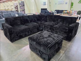 Black Corduroy Sectional Sofa with Ottoman