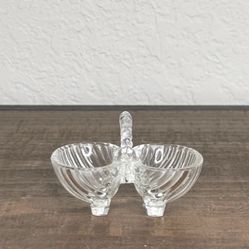 Vintage Clear Glass Double Salt Cellar with Braided Handle and Ribbed Exterior, Tiny