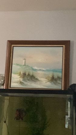 Framed Coastal Lighthouse Oil Painting