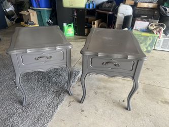 SET OF SOLID WOOD GREY END TABLES WITH DRAWER