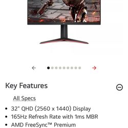 32" UltraGear QHD 165Hz HDR10  Gaming Monitor 