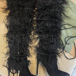 Feathered Above The Knee High Heel Boots