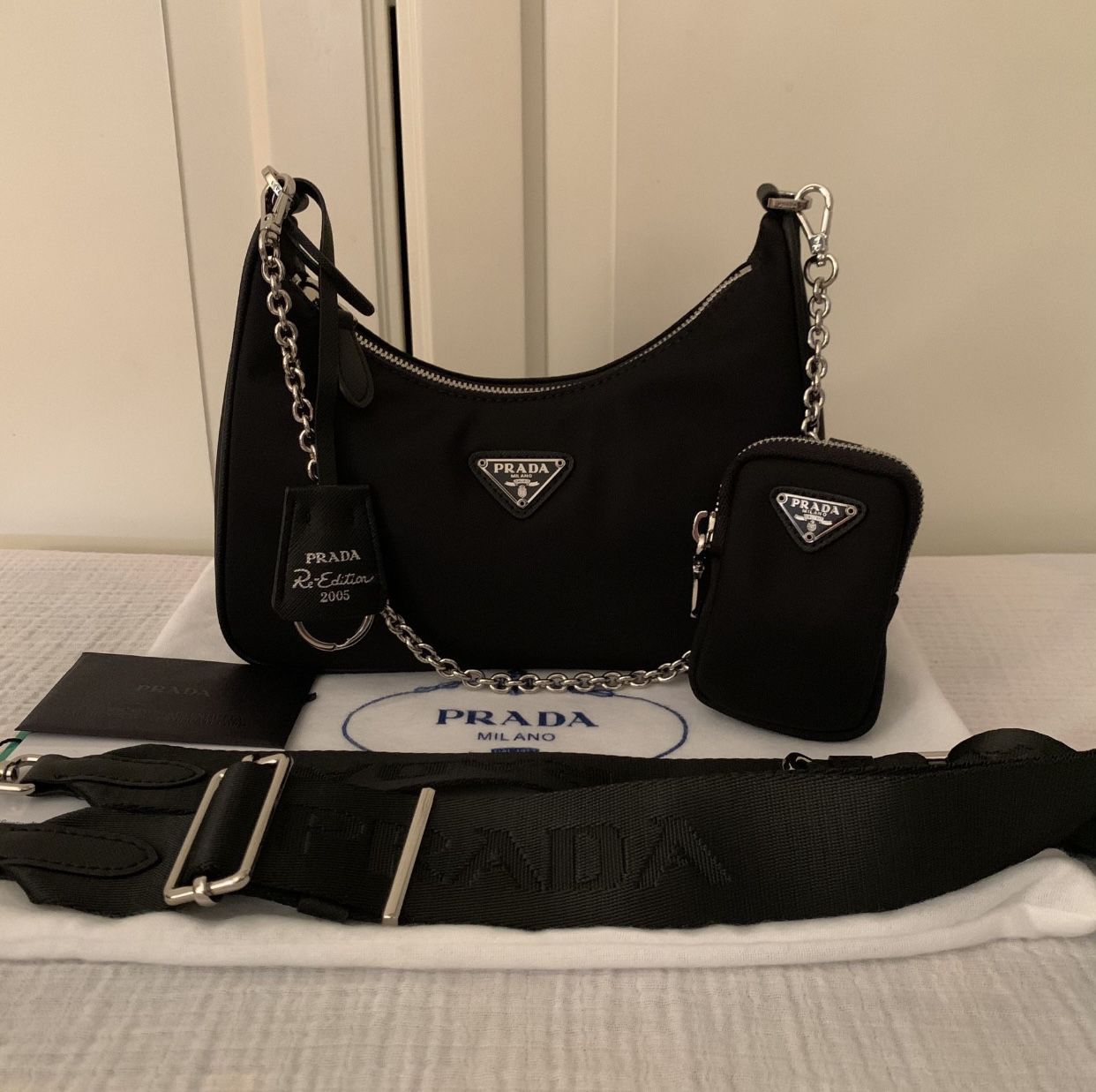 Leather Trimmed Re Nylon Tote Bag in Black - Prada
