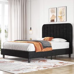 Brand New In Box Full Size Velvet Upholstered Platform Bed Frame w/ Channel Tufted Headboard Black