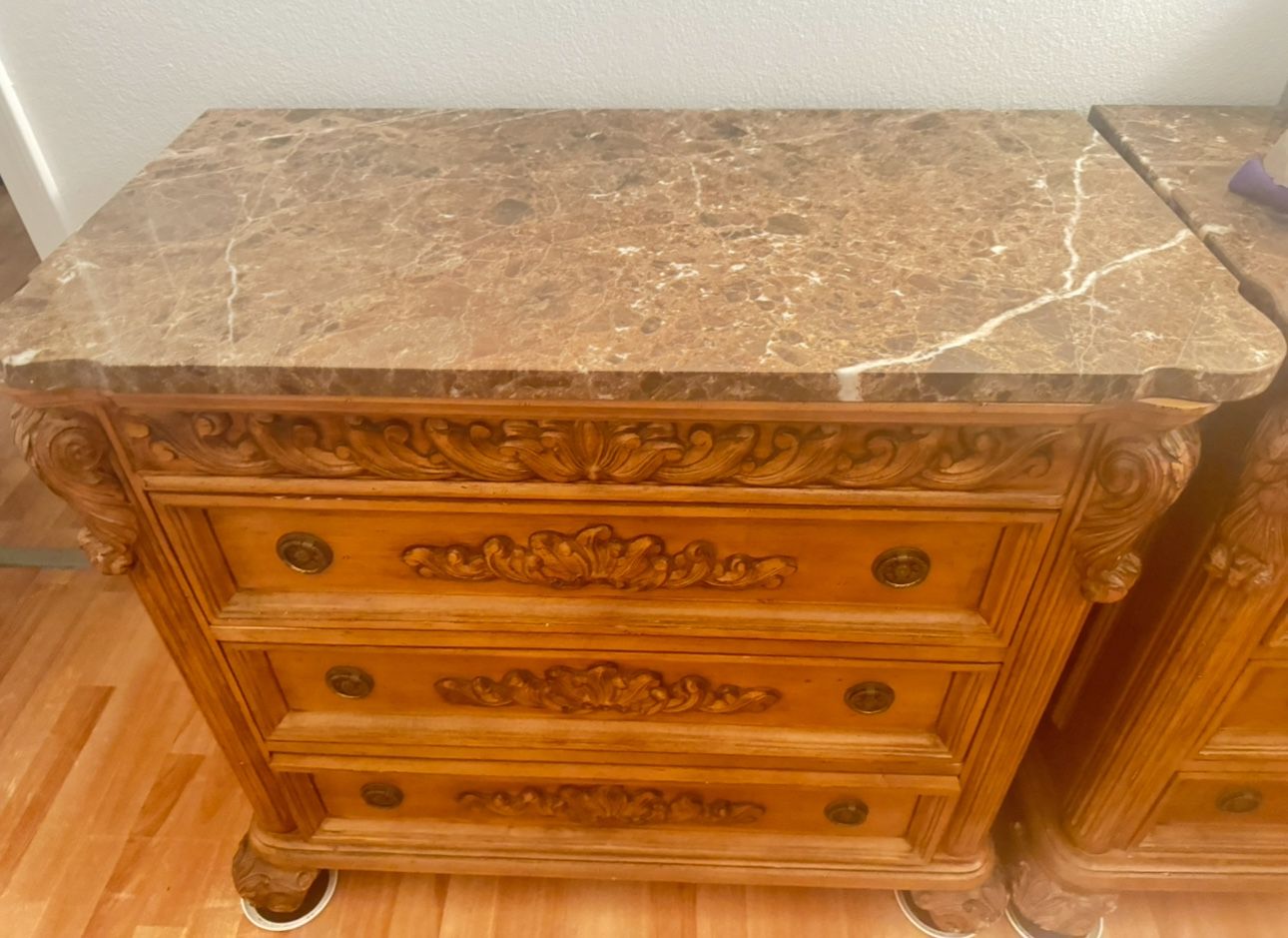 Night Stand Set Real Mahogany Wood And Marble Stone
