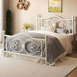 Twin Size Bed Frame/Metal Platform Bed Frame with Butterfly Pattern Design Headboard and Footboard/Strong Metal Slats Support/No Box Spring Needed/Eas