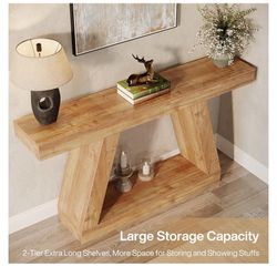  Farmhouse Console Table, 55-Inch Rustic Sofa Table with Storage, Industrial Wooden Entryway Table for Hallway, Living Room, Natural Brown