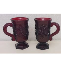 VTG Set of (2) 1982 Avon Cape Cod Collection  Pedestal Mugs 5" Ruby Red Glass 