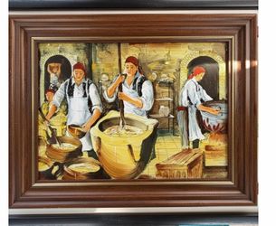 Vintage Folk Art Kitchen Cooking Scene Framed Wall Art Rustic Decor