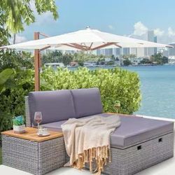 Patio Day Bed with 2 Side Tables Outdoor Daybed Set 
