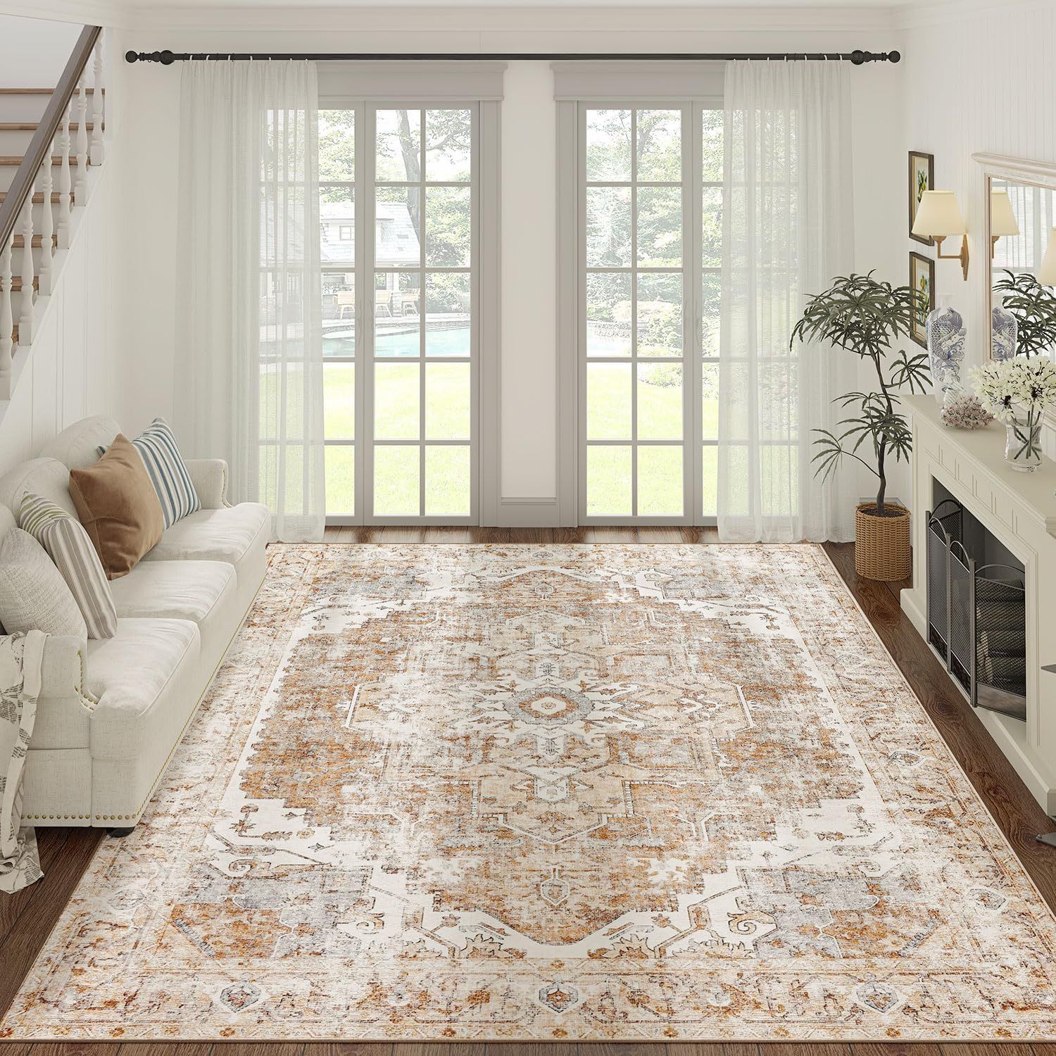 9x12 HUGE Vintage Distressed Washable Nonslip Area Rug, Hexagon Brick Red, NEW