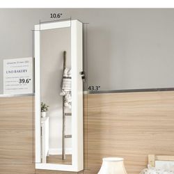 6 Mirror Jewelry Cabinet, 43.3" H Lockable Wall/Door Mounted Jewelry Armoire Organizer with Mirror, 2 Drawers, White JC600