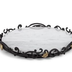 White/Gray Marble Lazy Susan On Metal Gold Leaf Base.