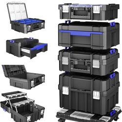 4 Tier Stackable Rolling Tool Box with Wheels | Modular Tool Organizer Box Storage System | Portable Tool Box with Drawers | Tough and Durable | For G