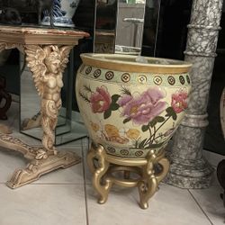 1 Plant Art ROSE MEDALLION Hand Painted Multicolor FLORAL Asian Chinese Chinoiserie Oriental Koi Fish Planter Pot On Pedestal Stand.