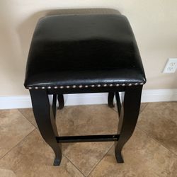 30” Bar Stool Black Leather Seat & Teak Wood 