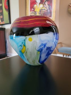 Glass Vase - Abstract Design - Hand Blown - Colors: Red, Blue, White, Yellow