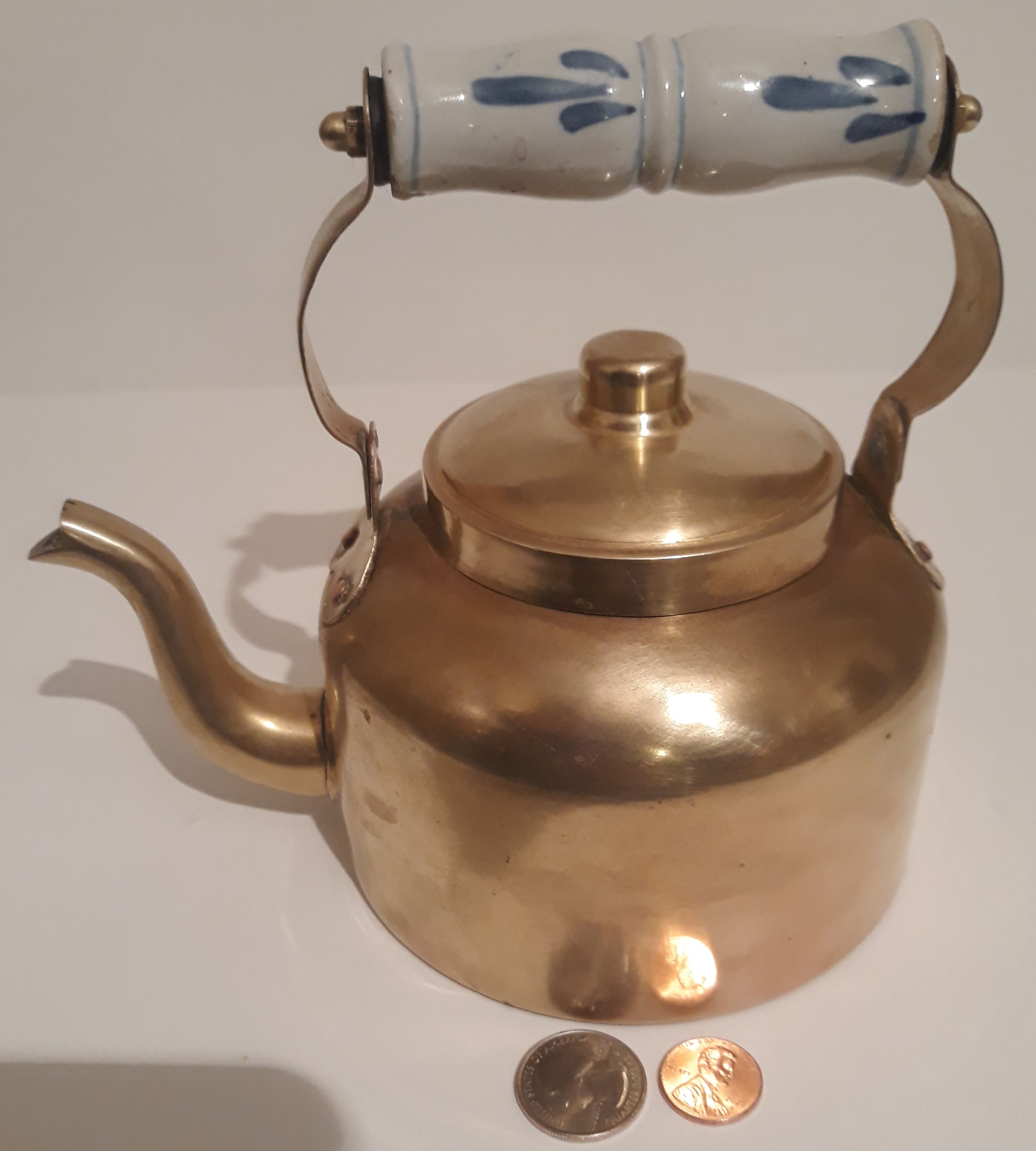 Vintage Metal Brass Teapot, Tea Kettle with Porcelain Handle, 7" x 5", Kitchen Decor, Table Display, Shelf Display, This Can Be Shined Up Even More