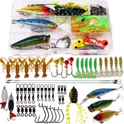 53pcs Fishing Lure Set Fishing Spoons Frog Lures Soft Hard Metal Lure Crank Popper Minnow Pencil Barrel Swivels Jig Hook for Trout Bass Salmon