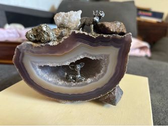 Fun and Whimsical Agate Geode with Attached Deer Figurines, Quartz and Pyrite