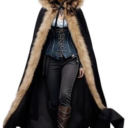 Viking Fur Hooded Cloak Medieval Velvet Cape with Hood, Black *BRAND NEW*