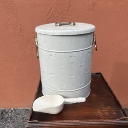 Vintage Metal Dog Treat / Dog Food Storage Canister w/ Bone Pattern – 14” Tall  ⸻  Description  Vintage metal dog food / dog treat storage canister wi