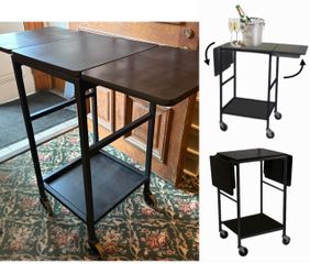 Drop-Leaf Metal Storage Cart / Work Station (Heavy Duty, Rolling) Great for Shops & Salons