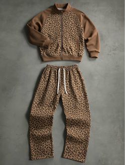 Leopard Print Two-Piece Tracksuit Set