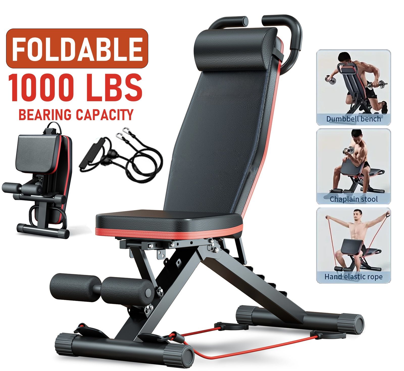 Adjustable Foldable Weight Bench – 1000 lb Capacity + Resistance Bands