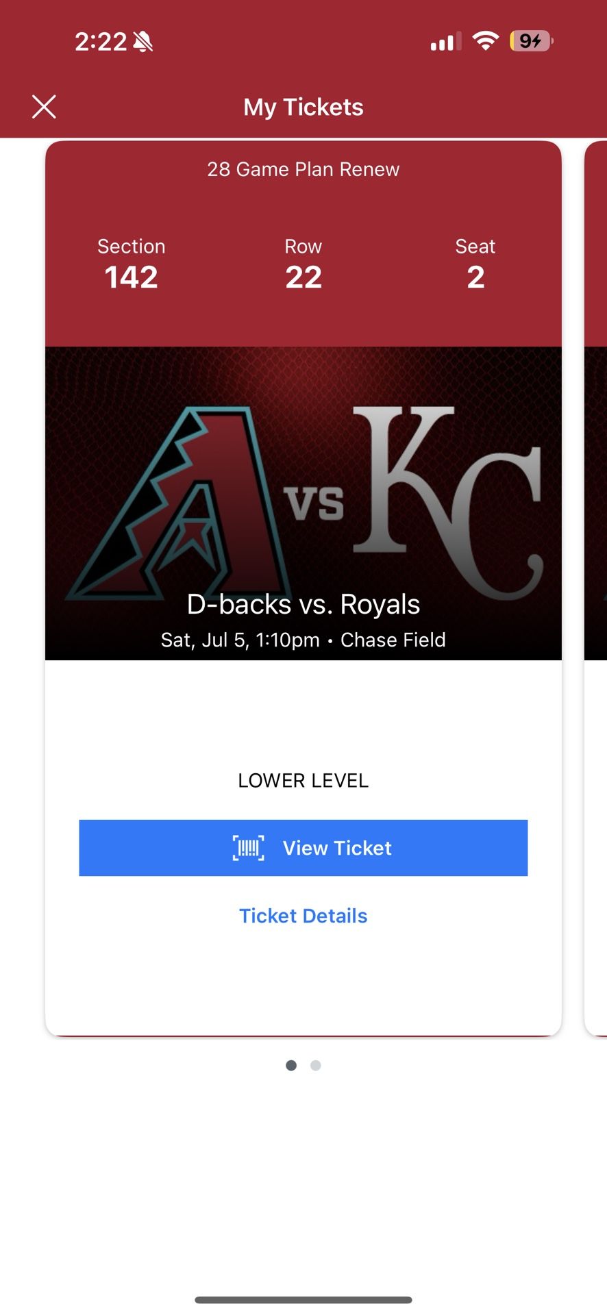 Dbacks Vs Royals | July 5th | 2 Tickets | Left Field
