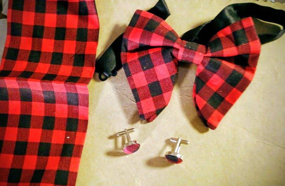 Black And Red Checkered Bow Tie, Cuff Links And Handkerchief