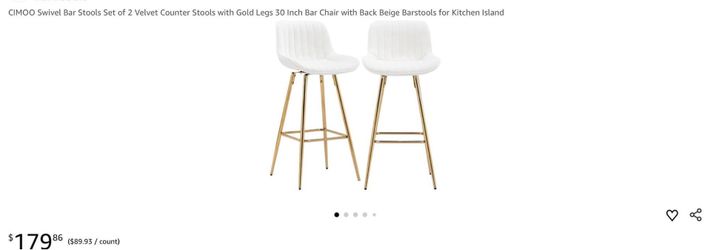 CIMOO Swivel Bar Stools Set of 2 Velvet Counter Stools with Gold Legs 30 Inch Bar Chair with Back Beige Barstools for Kitchen Island $100