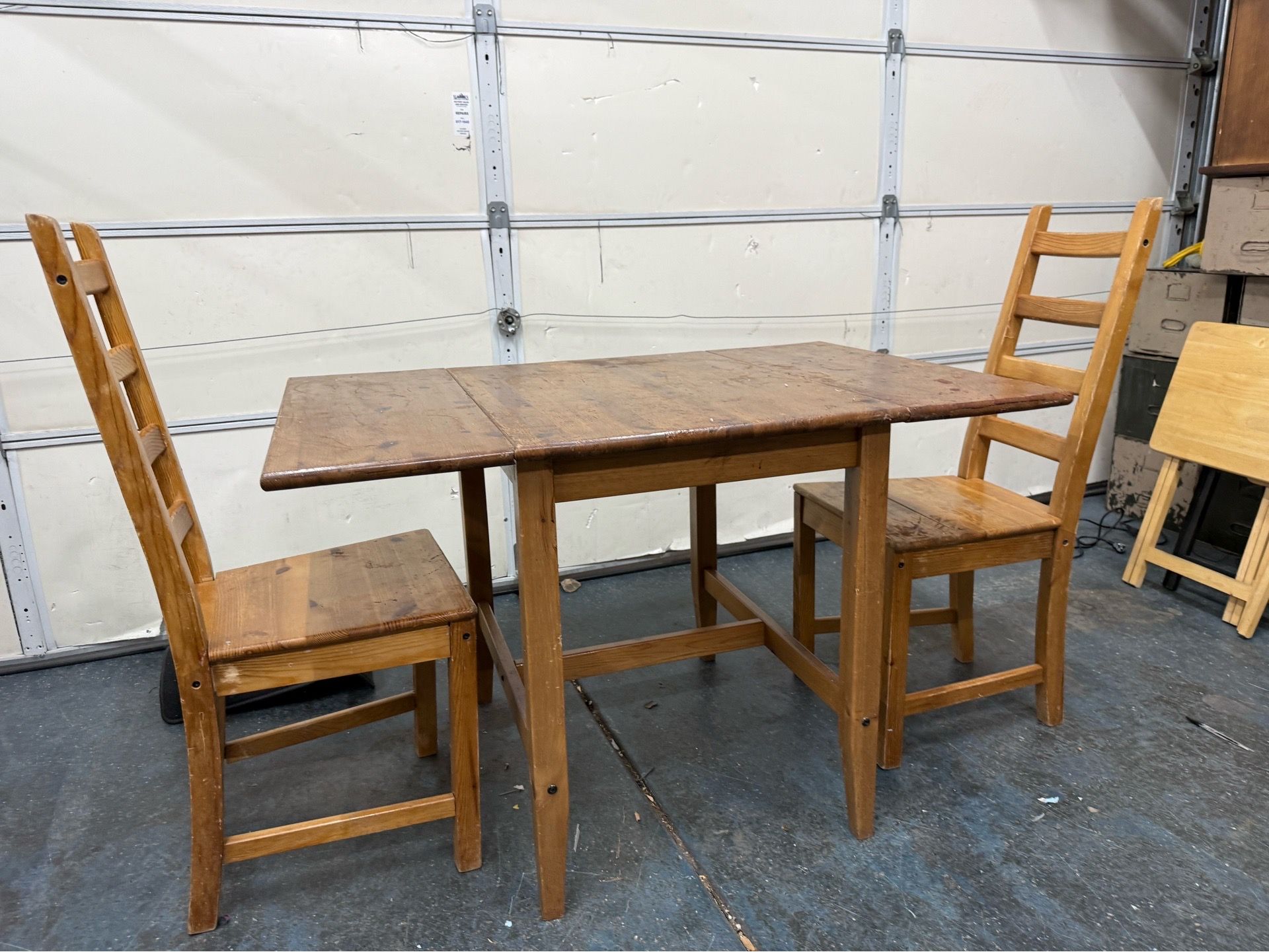 Rustic Pine Drop Leaf Dining Table Set w/ 2 Chairs Farmhouse Style