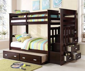 Brand New Espresso Twin Size Bunk Bed w Staircase + Trundle Bed