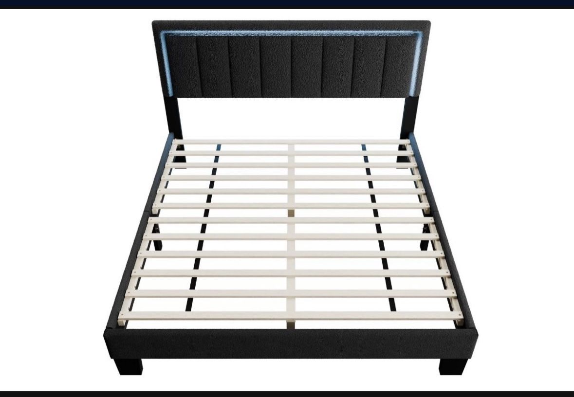 Queen Upholstered Bed Frame with LED Headboard – $200 (Frame) / $340 (with Pillow Top Mattress) Give your bedroom a modern upgrade with this stylish