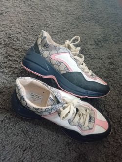 Gucci Womens Rhyton Sneakers Beige Blue Monogram