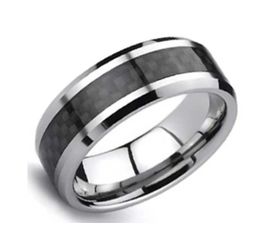 Size 11 Black Carbon Fiber Inlay Beveled Tungsten Carbide Comfort Fit Wedding Ring