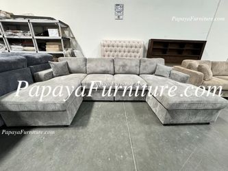 NEW LARGE LIGHT GREY DOUBLE CHAISE U SHAPE Sectional Sofa Couch and TWO Chaise Set Lounger Lounge Ashley Style Designer Discount Gray Black Clearance 
