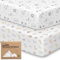 Keababies 2-Pack Waterproof Baby Crib Sheets for Boys, Girls - 52x28 Viscose Derived from Bamboo Toddler Bed Sheet Neutral, Fitted Crib Mattress Prote