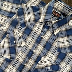 Plains Western Wear Shirt Mens Small Blue Plaid Pearl Snap Button Western